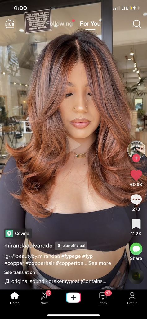 Honey Copper Balayage On Dark Hair, Medium Length Haircut With Texture, Copper Balayage Tan Skin, Cooper Hair Color On Olive Skin, Copper Balayage Black Women, Copper Hair Tones, Best Hair Color For Tan Skin Tone, Brown Hair With Ginger Highlights Copper, Copper Hair On Tan Skin Tone