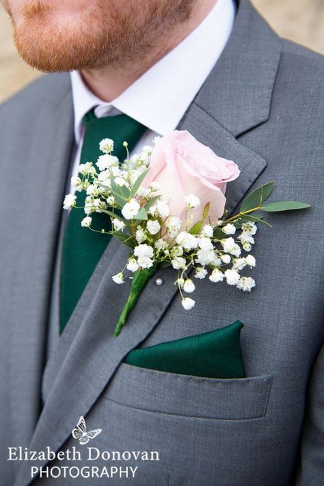 Grey Suit With Green Tie, Suit With Green Tie, White Tuxedo Wedding, Light Grey Suit, Rose Buttonhole, Pink And White Weddings, Green Themed Wedding, Emerald Green Weddings, Yosemite Wedding