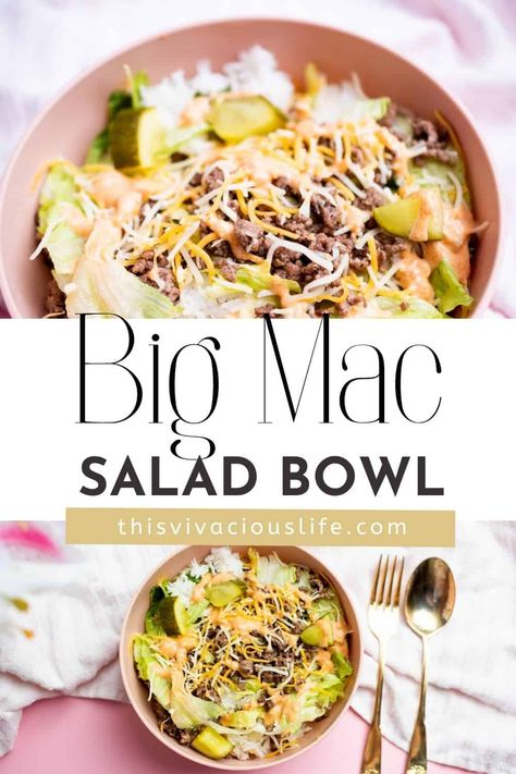 This Big Mac salad bowl is a healthier, and just as delicious, version of the traditional Big Mac! It's a gluten-free salad recipe that will kick your fast food craving to the curb. Gluten Free Big Mac, Big Mac Bowl, Big Mac In A Bowl, Mac Salad Recipe, Salad Recipes Gluten Free, Big Mac Salad, Salad Inspiration, Mac Salad, Gluten Free Salads