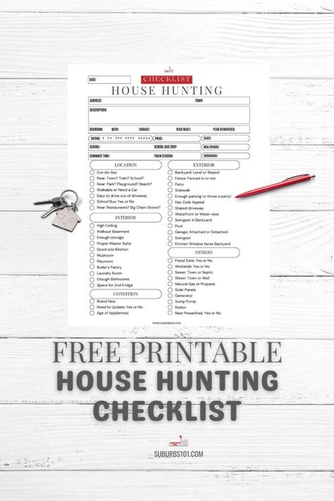 House Hunting Checklist Free Printable, Hunting Checklist, House In The Suburbs, House Hunting Checklist, Radon Mitigation, Apartment Hunting, Real Estate Agent Marketing, Beach Patio, Sewer System