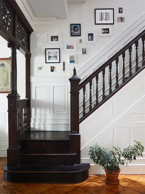 Black White Staircase, Nyc Brownstone, Wood Stair Treads, Warm Wood Flooring, White Staircase, Brooklyn Brownstone, Wood Staircase, Historic Home, Traditional House