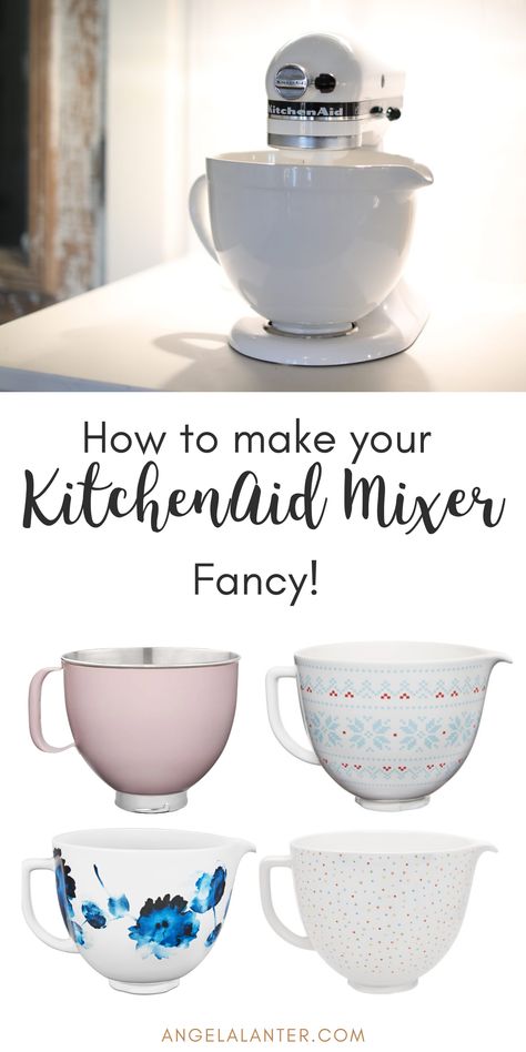 How to make your Kitchenaid Mixer Fancy! Any time I show my mixer on Instagram, I receive a ton of questions about where my white mixing bowl is from. I get it. I don’t like the silver standard bowl it comes with either. I bought my white bowl from Target years ago and it was the best accessory purchase. Angela Lanter #AngelaLanter Kitchenaid Mixer Bowl, Kitchen Aid Mixer With Ceramic Bowl, Kitchenaid Mixer Decor, Kitchenaid Mixer Decor Ideas, White Kitchenaid Mixer, Kitchen Aid Bowl, Mixer Decor, Kitchenaid Attachments, Kitchenaid Stand Mixer Recipes