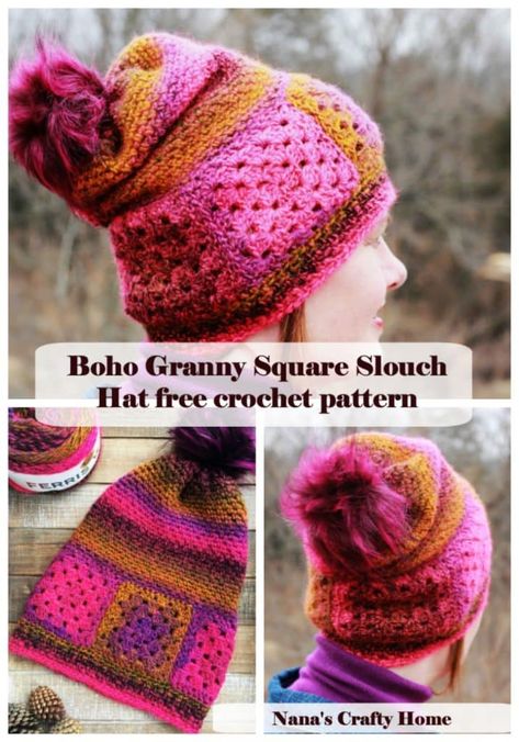 The Ferris Wheel Hat is a beginner friendly granny square hat with a boho casual feel. Starts with simple granny squares sewn together.  Gentle texture provided by the beginner friendly Moss Stitch for a gentle texture paired with beautiful ombre style yarn for a beautiful finish.  Slouchy hat can be changed up to a more fitted style easily.  Looks great with or without the fun pom pom!  #nanascraftyhome #crochet #crochethat #crochetfashion #bohohat Crochet Square Hat Pattern Free, Crochet Granny Square Beanie Free Pattern, Granny Square Beanie Free Pattern, Crochet Granny Square Hat Free Pattern, Granny Square Hat Pattern Free, Granny Square Beanie, Slouchy Crochet Hat, Free Crochet Granny Square, Boho Granny Square