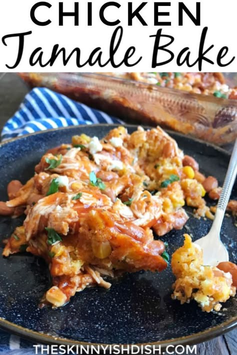 This easy and delicious Chicken Tamale Bake is a fun and lightened up spin on a favorite Mexican recipe.  Baked up in your casserole dish, this bake is full of tender chicken, pinto beans, green chilies, red enchilada sauce, cheese and tasty cornbread. It will leave your family asking for more! #chickentamale #chickenrecipe #ww Ww Casserole, Tamale Bake, Skinnyish Dish, Chicken Tamale, Chicken Tamales, Rotisserie Chicken Breast, Baked Chicken Recipes Easy, Slender Kitchen, Healthier Meals