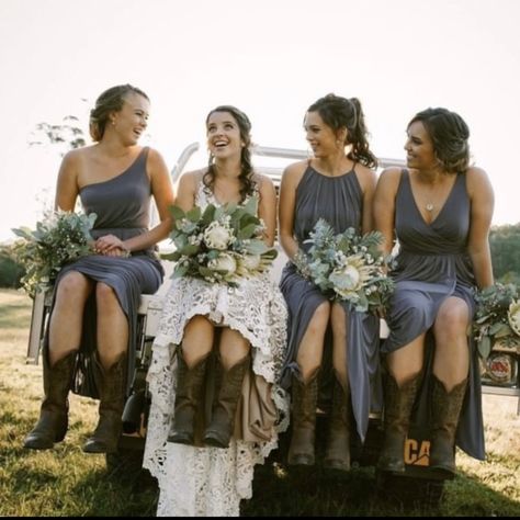 Bridesmaids Cowboy Boots, Western Wedding Bridesmaids, Western Bridesmaid Dresses, Dresses With Boots Fall, Country Wedding Dresses Bridesmaid, Country Wedding Bridesmaids, Country Bridesmaid, Cowgirl Boots Wedding, Country Bridesmaid Dresses