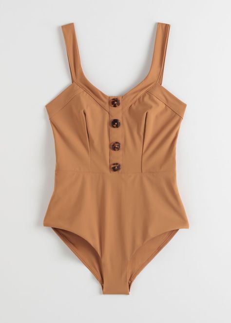 V-Cut Tortoise Button Swimsuit - Brown - Swimsuits - & Other Stories Bikinis Uk, Bathing Suit Skirt, Brown Swimsuit, Black And White One Piece, White One Piece, Swimwear High Waisted, Swimwear Online, Black Swimwear, V Cut