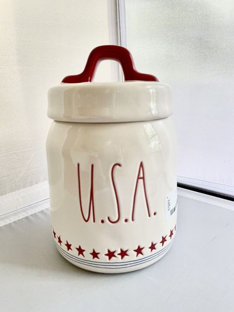 RAE DUNN  U.S.A. Patriotic Stars & Stripes Mini Baby Canister & Lid 4th July NWT Patriotic Stars, Usa Patriotic, 4th July, Blue Bonnets, One Sided, Canisters, Things To Sell