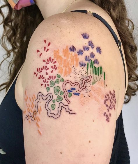 Coloured Tattoo Sleeve, Patchwork Tattoo Colorful, Color Line Work Tattoo, Colorful Elbow Tattoo, Colorful Abstract Tattoo, Coloured Tattoos, Tattoo Perfume, Illusion Tattoo, New Tattoo Styles