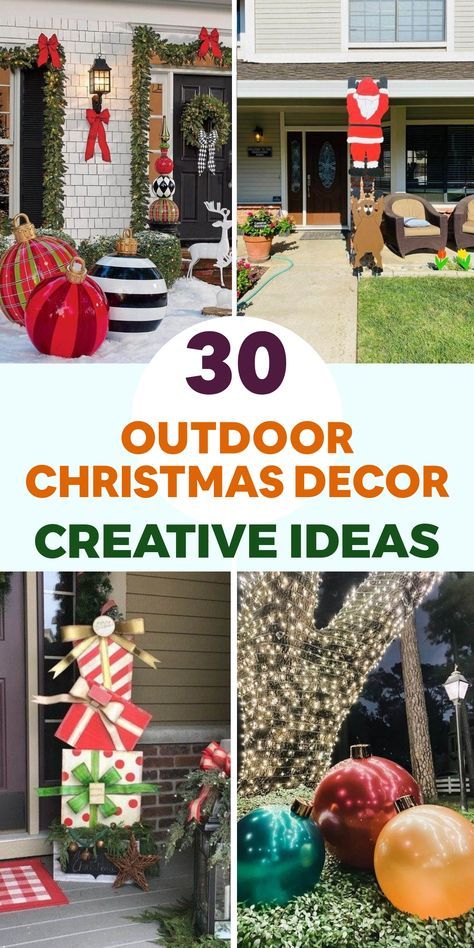 Christmas In The Garden Decorating Ideas, Unique Outdoor Christmas Decor, Decorating For Christmas Outdoors, Unique Outdoor Christmas Decorations, Christmas Patio Decorations, Patio Christmas Decorating Ideas, Backyard Christmas Decor Ideas, Front Yard Christmas Decorations Ideas, Outdoor Ornaments