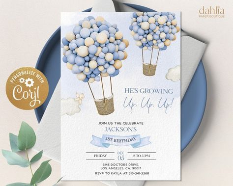 Hot Air Balloon Invitation Birthday, 1st Birthday Hot Air Balloon Theme, Hot Air Balloon First Birthday Boy, Hot Air Balloon 1st Birthday Party, Hot Air Balloon Invitation Template, Hot Air Balloon Birthday Theme, Hot Air Balloon Theme Party, Hot Air Balloon First Birthday, Hot Air Balloon Invitation