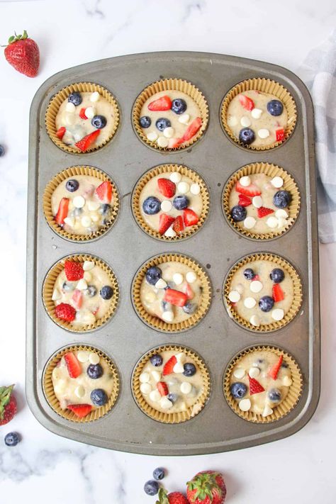 Red White and Blue Muffins Blue Muffins, Blue Muffin, White Chocolate Muffins, Cream Cheese Muffins, Cinnamon Milk, Strawberry Blueberry, Chocolate Drizzle, The Fourth Of July, Blueberry Muffins