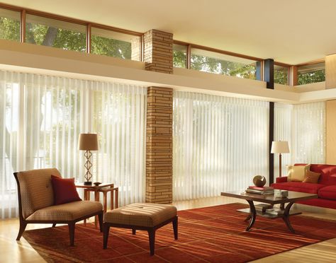 Mid Century Window Treatments Mid Century Window Treatments, Mid Century Modern Window Treatments, Modern Window Treatments, Modern Blinds, Mid Century Modern Interior Design, Honeycomb Shades, Living Room Blinds, Sheer Shades, Drapery Designs