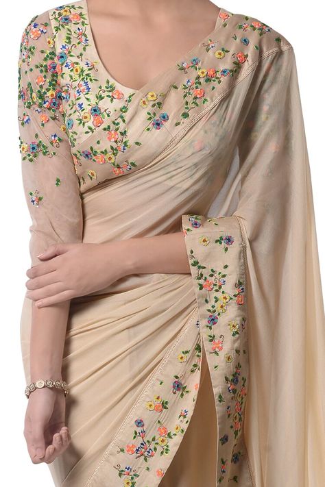 Beige saree with flowers Sareeblousedesigns 2022, Beige Saree Look, Saree Embroidery Design Simple, Embroidery Saree Designs Latest, Saree Embroidery Patterns, Embroidery Saree Designs, Embroidery On Saree, Beige Saree, Maharani Designer Boutique