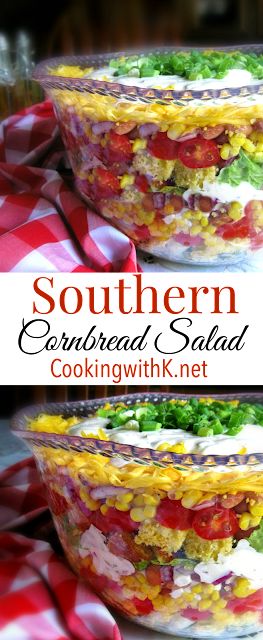 Layered Cornbread Salad, Southern Cornbread Salad, Cornbread Salad, Spring Recipe, Southern Cornbread, Layered Salad, Southern Kitchen, Bread Salad, Potluck Dishes