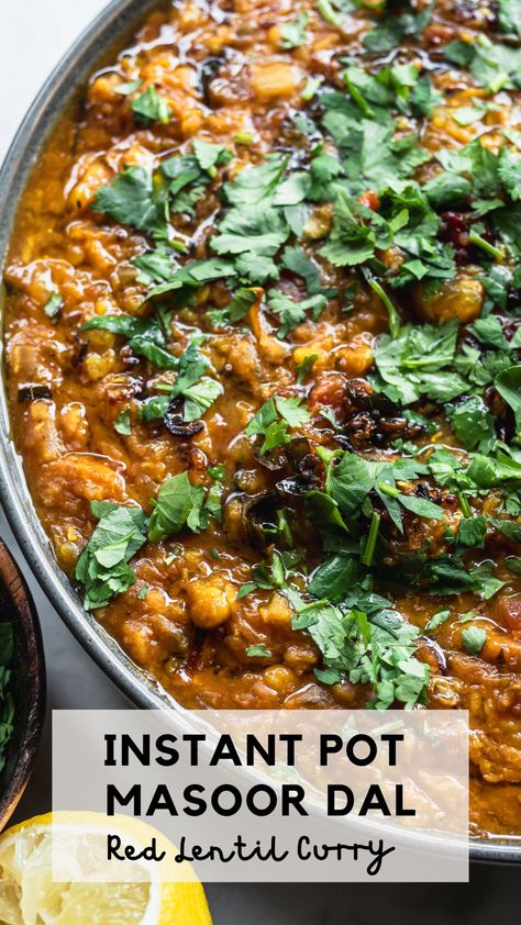 An easy and delicious dish that's also budget-friendly: Instant Pot Masoor Dal. Also known as Red Lentil Curry -- it's so fast to make in the Instant Pot! Instead of 30 minutes of cooking on the stovetop, the Instant Pot only takes 8 minutes! Add a Tadka or Tempered Oil to flavor the cooked red lentils. Enjoy with basmati rice or naan for the ultimate bowl of comfort! Instant Pot Daal, Instant Pot Lentils, Lentil Dal Recipe, Instant Pot Dal, Lentils Instant Pot, Red Lentil Curry, Lentils And Quinoa, Masoor Dal, Lentil Dal