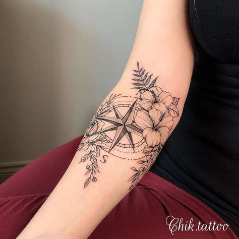 Tropical Compass Tattoo, Compass Tattoo Feminine Half Sleeves, Map Tattoos For Women, Compass Sleeve Tattoo Women, Floral Compass Tattoo Feminine, Women Compass Tattoo, Mandala Compass Tattoo Feminine, Compass Tattoo Design Woman, Compass With Flowers Tattoo