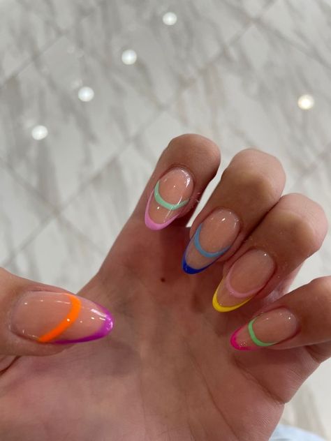 Oval Nails Colorful, Color Tip Nails Acrylic Almond, Almond French Tip Nails Multicolor, Almond Multi Colored French Tip Nails, Almond Nails Rainbow, Cuba Nails, Pride Nails Designs Almond, Almond Nails Multicolor Tips, Colored Tips Nails