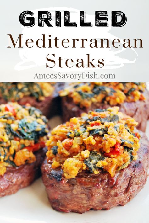 Mediterranean grilled sirloin steaks are a delicious and flavor-packed lean beef dinner. They're tender beef steaks with a mixture of spinach, feta cheese, sun-dried tomato pesto, and seasonings on top. #grilledsirloin #grilledsteak #steakrecipe #mediterraneansteak via @Ameecooks Tuscan Steak, Mediterranean Steak, Mediterranean Keto, Grilled Sirloin, Grilled Recipes, Bbq Bar, Mediterranean Diet Recipes Dinners, Beef Steaks, Mediterranean Meals