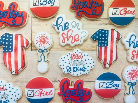 4th Of July Gender Reveal Cookies, Fire Work Gender Reveal, Firecracker Gender Reveal Party Ideas, Firework Gender Reveal Decorations, Firecracker Cookies Decorated, Firework Gender Reveal, Gender Reveal Cookies, Flooding Cookies, Gender Party