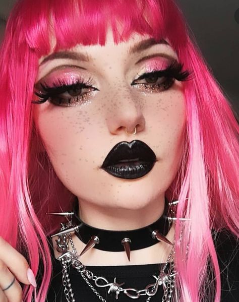 Black And Pink Lipstick, Punk Pink Makeup, Goth Pink Makeup Looks, Black And Pink Goth Makeup, Pink Demon Makeup, Colorful Emo Makeup, Pink Alternative Makeup, Alt Pink Makeup, Valentines Goth Makeup