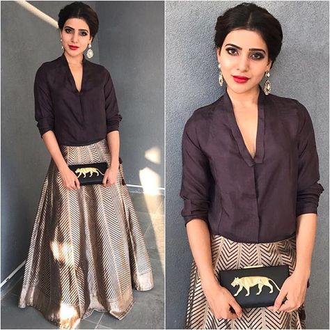 @samantharuthprabhuoffl Outfit - @raw_mango  Clutch - @sabyasachiofficial  Jewelry - @amethystbyrahulpopli  Styled by - @pallavi_85  #bollywood #style #fashion #beauty #bollywoodstyle #bollywoodfashion #indianfashion #celebstyle #samanthaprabhu #sabyasachi Long Skirt Outfits Indian, Skirt Outfits Indian, Long Skirt With Shirt, Ghaghara Choli, Samantha Prabhu, Indian Skirt, Outfits Indian, Lehnga Dress, Raw Mango