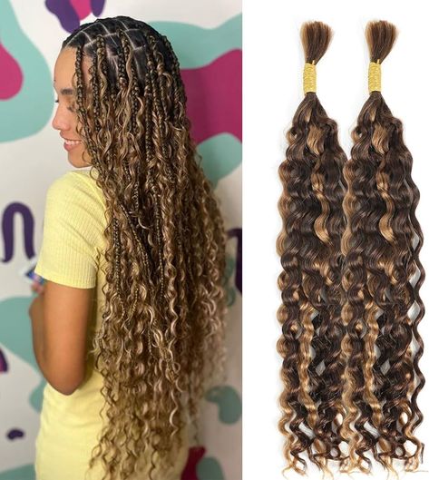 Amazon.com : DSEKCAIN P4/27 Water Wave Human Braiding Hair Bulk Human Hair For Braiding Crochet Bohemian/Boho Knotless Braids Micro Braiding Human Hair Double Drawn 100gram (2 of 50g) Highlight Color 20 inch : Beauty & Personal Care Boho Human Hair Braids, Large Boho Knotless Braids With Color, Knotless Boho Braids With Color, Braids With Loose Hair, Bohemian Braids With Color, Boho Curly Hair, Bad Braids, Human Hair Knotless Braids, Highlight Braids