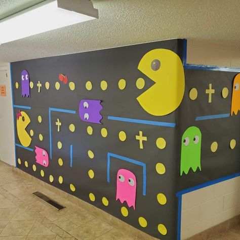 Pacman Theme Classroom, Life Game Decorations, Board Game Parade Float Ideas, Video Game Vbs Decorations, Pac Man Party Decorations, Twists & Turns Vbs Decorations, Game Show Decorations, Start The Party Vbs 2024, Vbs 2023 Twists And Turns Craft Ideas