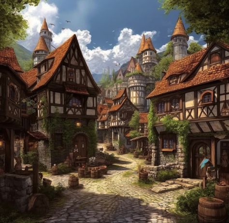 Fantasy Medival Village, Farming Village Concept Art, Medieval Fantasy Village Concept Art, Medieval Forest Village, Old European Town, Medieval Fantasy Building Concept Art, Medieval Town Concept Art, Fantasy Village Art Medieval Town, Medieval Village Concept Art