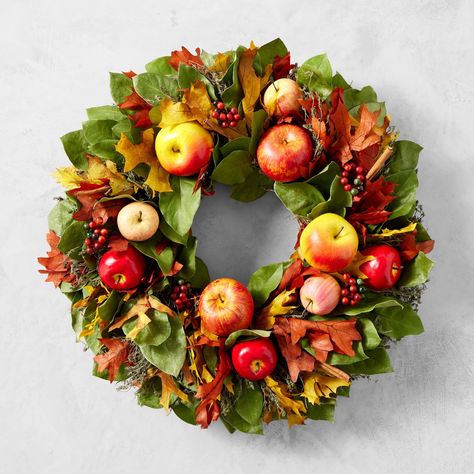 Apple Harvest Live Wreath, 22" | Williams Sonoma Live Wreath, Fall Decoration Ideas, Apple Wreath, Apple Festival, Living Wreath, Apple Orchards, Fall Fireplace, Window Wreath, Autumn Wreaths For Front Door