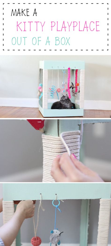 DIY kitty playplace made out of a cardboard box! - Lugar de juegos casero para gato diy. Diy Jouet Pour Chat, Diy Cat Tent, Katt Diy, Kitty Play, Diy Chat, Katt Grejer, Kat Diy, Chat Diy, Play Place