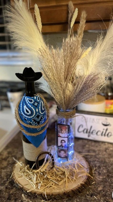 Cowboy Birthday Table Decor, Western Graduation Centerpieces, Western Theme Decorating Ideas, Rodeo Centerpieces Cowboys, Cowboy Theme Centerpieces Ideas, Tejano Party Theme, Blue Cowboy Party, Tequila Centerpiece Ideas For Men, Simple Western Centerpieces