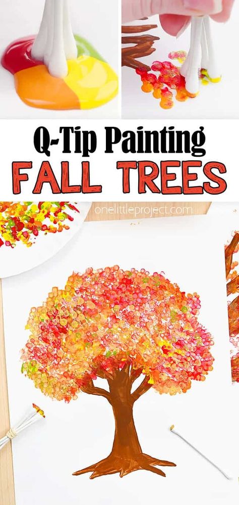 Q-Tip Fall Tree Painting | Easy Tree Painting with Cotton Swabs Autumn Q Tip Painting, Kindergarten Fall Painting Ideas, Q Tip Fall Tree Painting, Fall Crafts For Seniors Easy, November Crafts For Adults Easy Diy, Fall Qtip Painting, Fall Tree Painting For Kids, Q Tip Art For Kids, Qtip Crafts For Kids