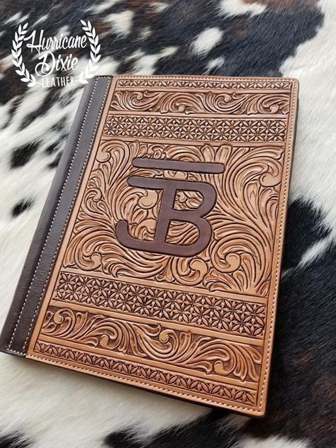 Leather Tooled Portfolio, Tooled Bible Cover, Tooled Leather Notebook Cover, Leather Bible Cover Patterns, Handmade Leather Work, Leather Embossing, Custom Leather Work, Leather Goodies, Custom Folders