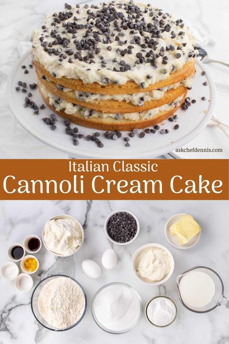 This cannoli cake is heaven on a plate! Three layers of moist, tender yellow cake stuffed with delicious homemade cannoli cream. With only 30 minutes of prep time, this is the perfect dessert recipe! Not too sweet and perfect any time of the year, and perfect for Valentine's Day! Layered Cannoli Cake, Cannoli Layer Cake, Cannoli Cake Filling Recipe, Canolli Cake Recipe, Cannoli Cream Cake, Cannoli Cake Filling, Cannoli Filling For Cake, Cannoli Dessert Ideas, Easy Cannoli Cake