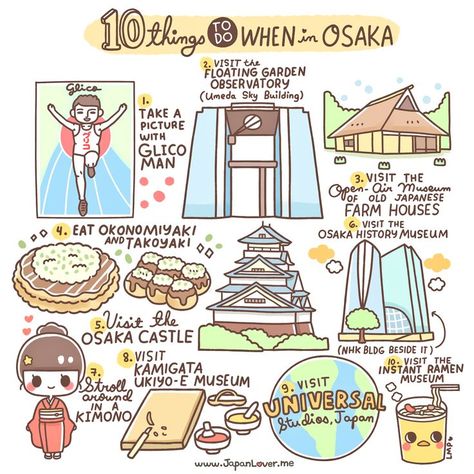 Osaka, a city that is one of Japan's most important economic centers, has many sights and activities to offer for tourists and travelers. （・∀・） These are just 10 of the many things you can do in Osaka (/^▽^)/ Sharing the Worldwide JapanLove ♥ http://www.japanlover.me ♥ www.instagram.com/JapanLoverMe Art by Little Miss Paintbrush Traveling Japan, Japanese Museum, Japan Holiday, All About Japan, Japan Holidays, Japan Guide, Japan Vacation, Japan Travel Tips, Go To Japan