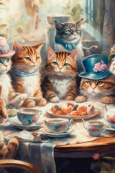 Cats tea time Wall Art - Instant Download - Ideal Gift for Cat Lovers, Kittens tea time Kitten Tea Party, Cat Tea Party, Magical Tea, Funny Cat Images, Romantic Drawing, Funny Cat Photos, Interesting Pictures, Adorable Kittens, Cat Drinking