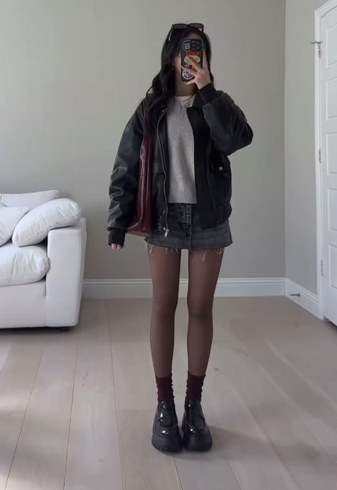 No Lace Doc Martens Outfit, Light Grey Mini Skirt Outfit, Winter Outfits Birthday Dinner, Fall Outfits Miniskirt, Casual Skirt And Boots Outfit, Mid High Boots Outfit, High Heel Doc Martens Outfit, How To Style A Black Denim Skirt, Skirt Stockings Boots Outfit