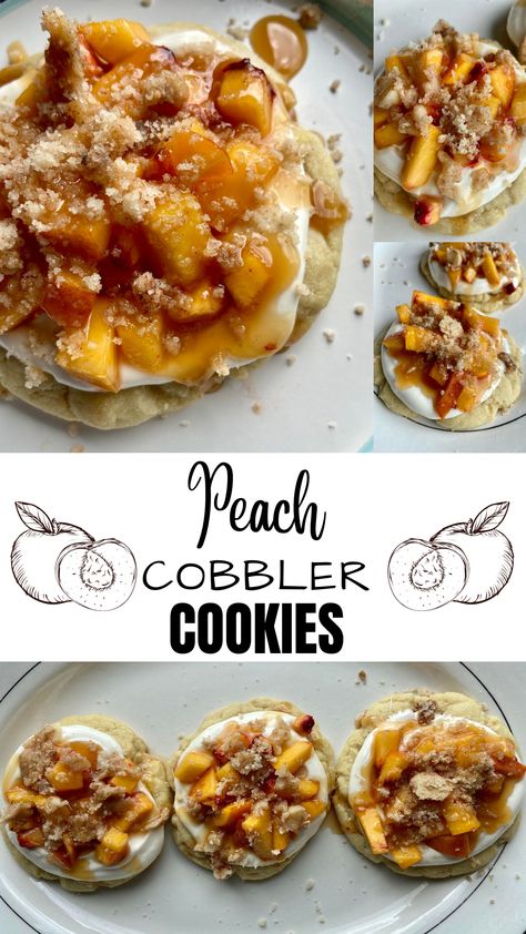 Peach Crisp Cookies, Crumbl Cookie Copycat Peach, Peach Crumble Pie Cookies, Fresh Peach Cookie Recipes, Crumbl Peach Cobbler Cookie, Peach Cobbler Butter, Crumbl Cookie Copycat Peach Cobbler, Peach Cobbler Cookies Crumbl, Peach Pie Cookies