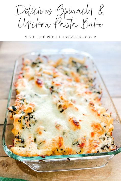 Creamy Chicken Pasta Bake Recipes, Baked Pasta Dishes Chicken, Rotisserie Chicken Pasta Bake, Pasta Bake Recipes Chicken, Chicken And Spinach Pasta Bake, Make Ahead Pasta Bake, Chicken Spinach Pasta Recipes, Chicken Spinach Casserole Recipes, Chicken Spinach Spaghetti