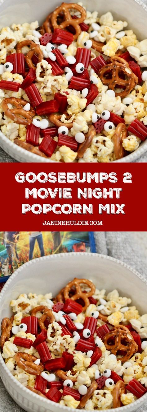 Goosebumps 2 Popcorn Mix for the Perfect New Year Movie Night Win Baby Shower Food For Boy, Popcorn Mix Recipes, Family Movie Night Snacks, Baby Shower Snacks Boy, New Year Movie, Goosebumps 2, Boy Movie, Movie Night Popcorn, Popcorn Mix