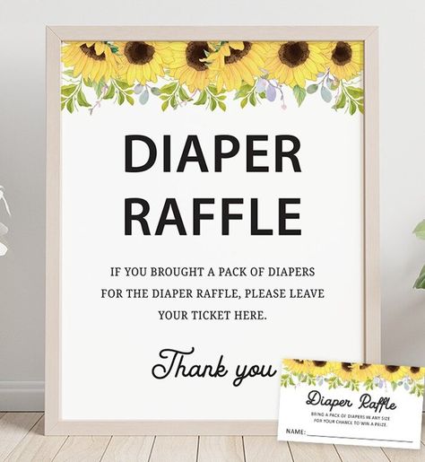 Sunflower Diaper Raffle Sign and Tickets Printable Printable Signs Free, Diaper Raffle Sign, Printable Tickets, Ticket Card, Game Tickets, Printable Baby Shower Games, Diaper Raffle, Sign Templates, Baby Shower Printables