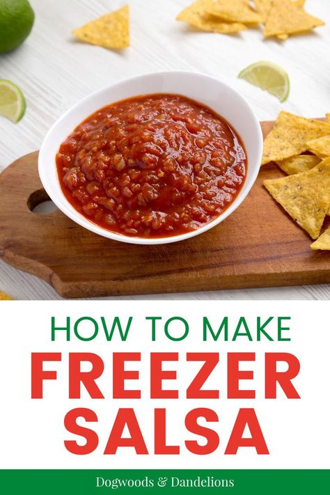 This easy freezer salsa is a perfect way to preserve your homegrown tomatoes. It is simple to make and doesn't require canned tomato soup like other freezer salsa recipes. And because you are freezing it you can adjust the recipe to your taste. It also doesn't require the vinegar like most canned salsa recipes. After making this recipe you'll never buy salsa again. preserving the harvest | freezing produce Canning Restaurant Style Salsa With Fresh Tomatoes, Easy Salsa Recipe Fresh Tomatoes, Homemade Salsa With Fresh Tomatoes Freezer, Freezer Salsa Recipe With Fresh Tomatoes How To Make, Recipes Using Fresh Salsa, How To Can Salsa Easy, How To Freeze Homemade Salsa, Salsa Recipe With Fresh Tomatoes For Freezing, Salsa Recipe To Freeze