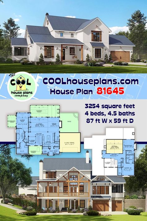 Mountain Farmhouse Plan 81645 has 3,254 sq ft of air conditioned living space including the main level and the uppermost level. (NOTE: The optional video room adds another 355 sq. ft. if finished.) The unfinished walkout basement area is an additional 1,117 square feet of potential living space. White vertical siding, stone, and warm wooden detail such as board and batten shutters add to the country charm. Families will choose this architectural design because it has wonderful outdoor space. Mountain Farmhouse, Lodge Room, Vertical Siding, Basement Floor Plans, Custom Home Plans, Wood Beam Ceiling, Farmhouse Traditional, Interior Pictures, Farmhouse House