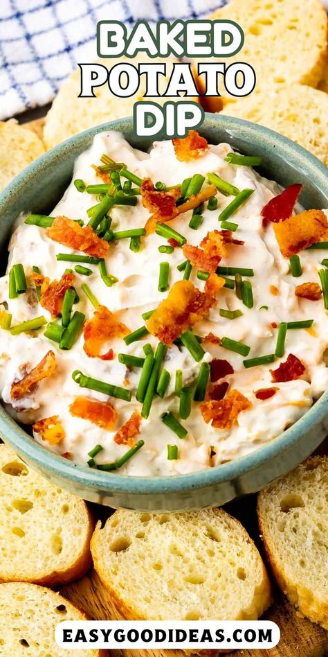 Baked Potato Dip is an easy creamy party dip! Mashed potatoes in dip form - the perfect appetizer. Potato Dip, Baked Potato Dip, Easy Baked Potato, Tailgate Snacks, Making Baked Potatoes, Homemade Dips, Beer Bacon, Party Dip, Pork Bacon