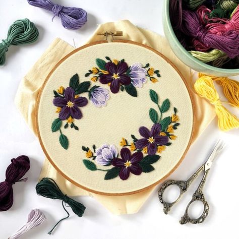 Floral wreath hand embroidered hoop art folk home decor | Etsy Embroidery In Yellow Fabric, Purple Flower Embroidery, Purple And Mustard, Purple Embroidery, Hand Embroidery Patterns Flowers, Floral Embroidery Patterns, Hand Embroidery Videos, Embroidery Patterns Vintage, Hand Embroidery Flowers