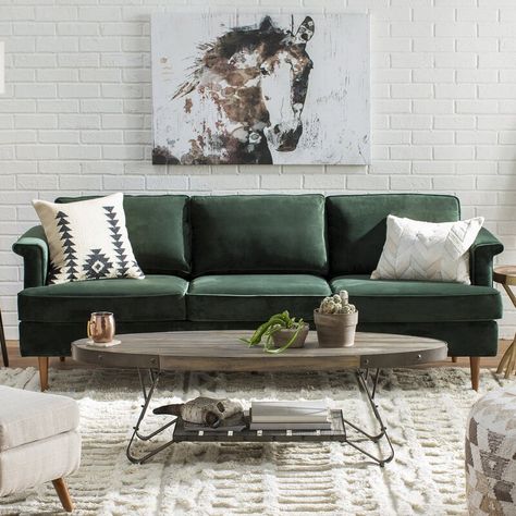 Green Sofa Living, Green Sofa Living Room, Green Couch, Living Room Trends, Green Sofa, Rolled Arm Sofa, Diy Sofa, Stylish Sofa, Family Room Design