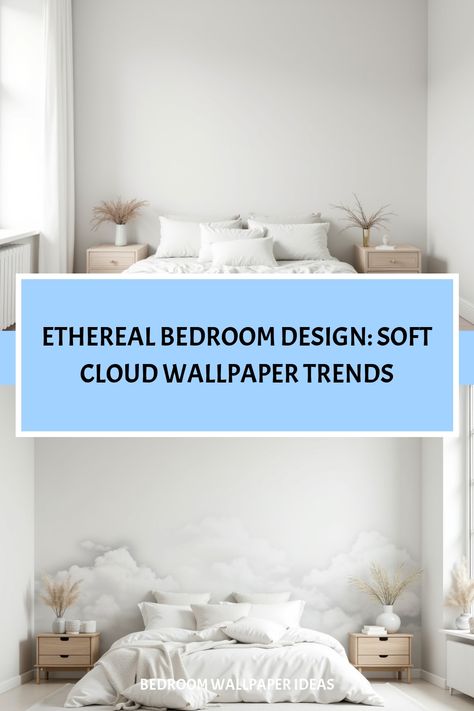 Scandinavian bedroom with cloud-inspired soft white wallpaper Cloud Wallpaper Bedroom, Clouds Minimalist, Ethereal Bedroom, Relaxing Wallpaper, Biophilic Design, Bedroom Wallpaper, Sanctuary Bedroom, Relaxing Bedroom, Cloud Wallpaper