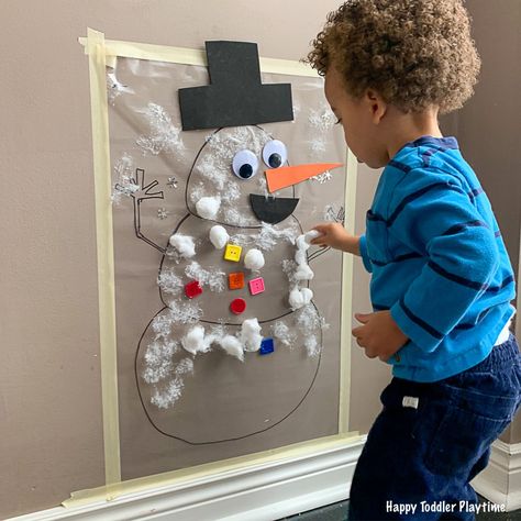 Snowman Sticky Wall - HAPPY TODDLER PLAYTIME Contact Paper Christmas Tree, Twos Activities, Wall Activities, Xmas Activities, Daycare Projects, Joy School, Winter Activities For Toddlers, Mess Free Painting, Winter Board