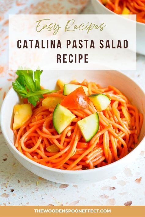 This easy Catalina Spaghetti Pasta Salad is an excellent refreshing side dish that is a summertime staple! Each bite is filled with spaghetti noodles, cucumbers, carrots, tomatoes, celery, bell peppers and is drizzled with Catalina dressing. This Catalina pasta salad is bursting with vibrant flavors. It will keep you full and even makes a great light lunch option or meatless meal idea. Get the recipe for this easy lunch idea now. vegetarian lunch ideas | vegetarian dinner recipe Catalina Pasta Salad, Cold Spaghetti Salad, Main Dish For Potluck, Spaghetti Pasta Salad, Main Dish Salad Recipes, Catalina Dressing, Spaghetti Salad, Meatless Meal, Healthy Vegetarian Dinner