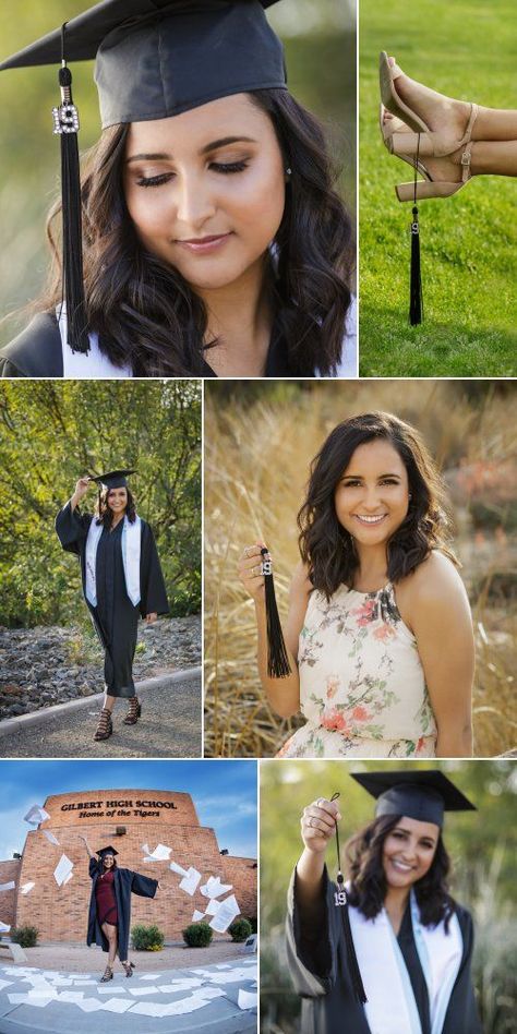 senior girl wearing traditional graduation cap & gown posing for senior photos in Gilbert, Arizona Makeup For Senior Pictures, Creative Senior Picture Ideas, Cap And Gown Picture Ideas, Cap And Gown Photos, Creative Senior Pictures, Cap And Gown Pictures, Outdoor Graduation, Graduation Tassel, Gown Pictures